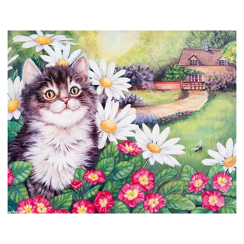 Cat with flowers 40x30 cm